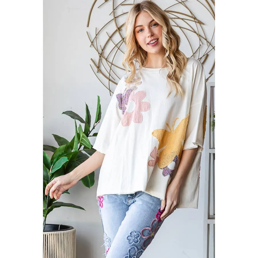Cream Washed Flower Butterfly Patchwork Short Sleeve Oli Hali Top