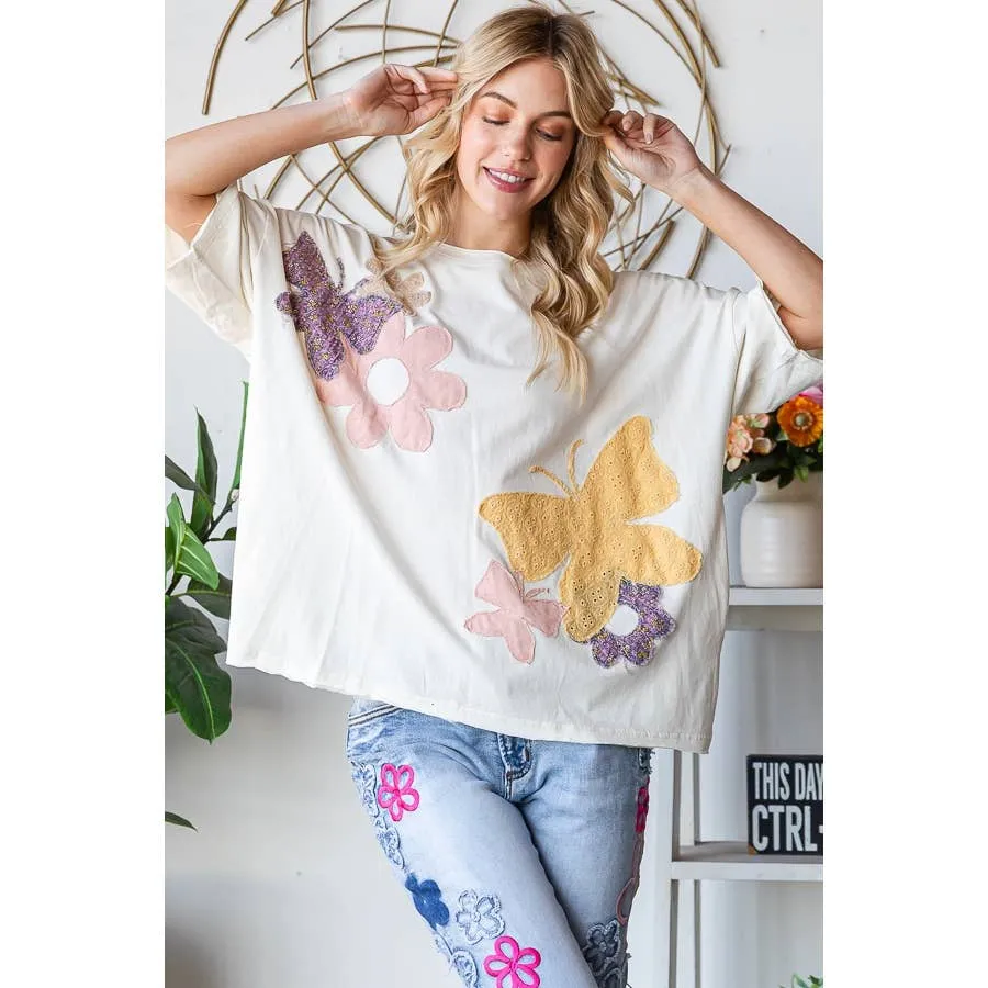 Cream Washed Flower Butterfly Patchwork Short Sleeve Oli Hali Top