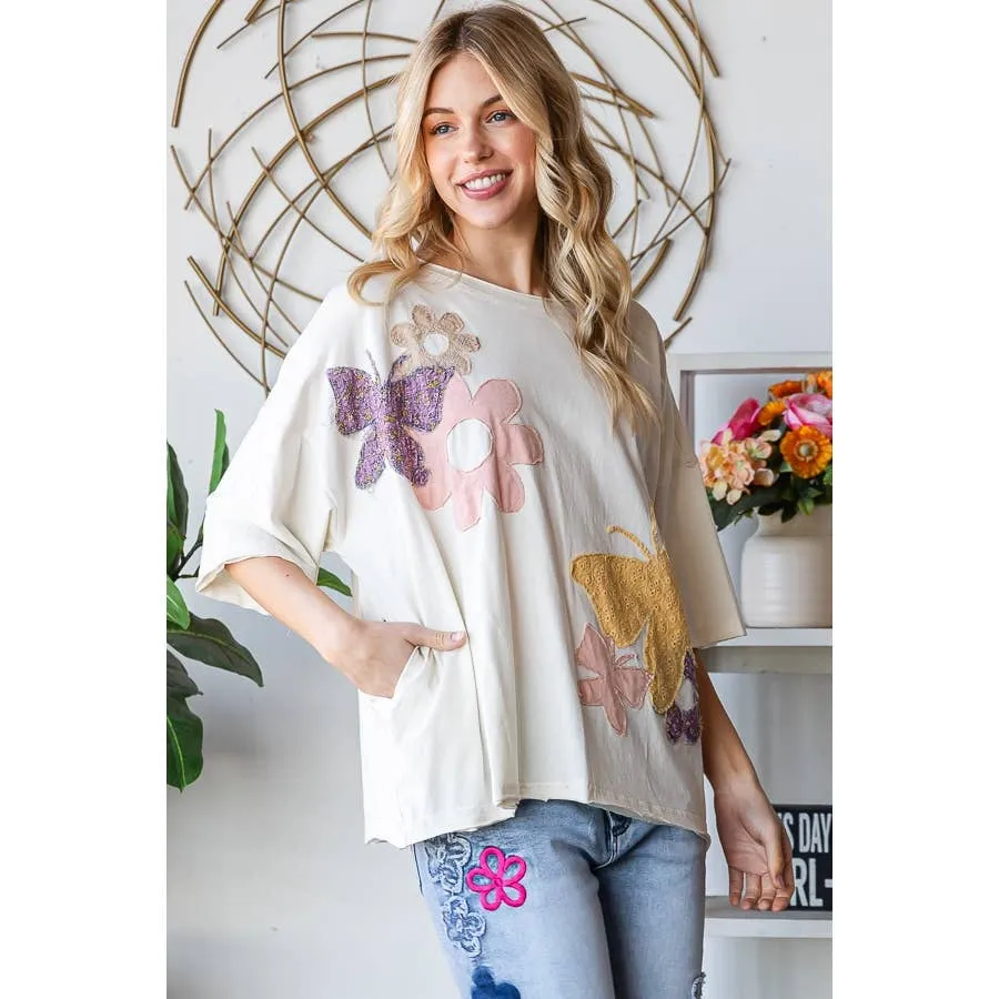 Cream Washed Flower Butterfly Patchwork Short Sleeve Oli Hali Top