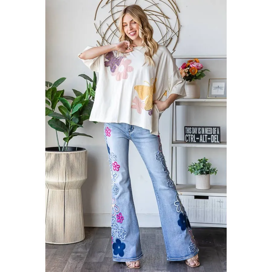 Cream Washed Flower Butterfly Patchwork Short Sleeve Oli Hali Top