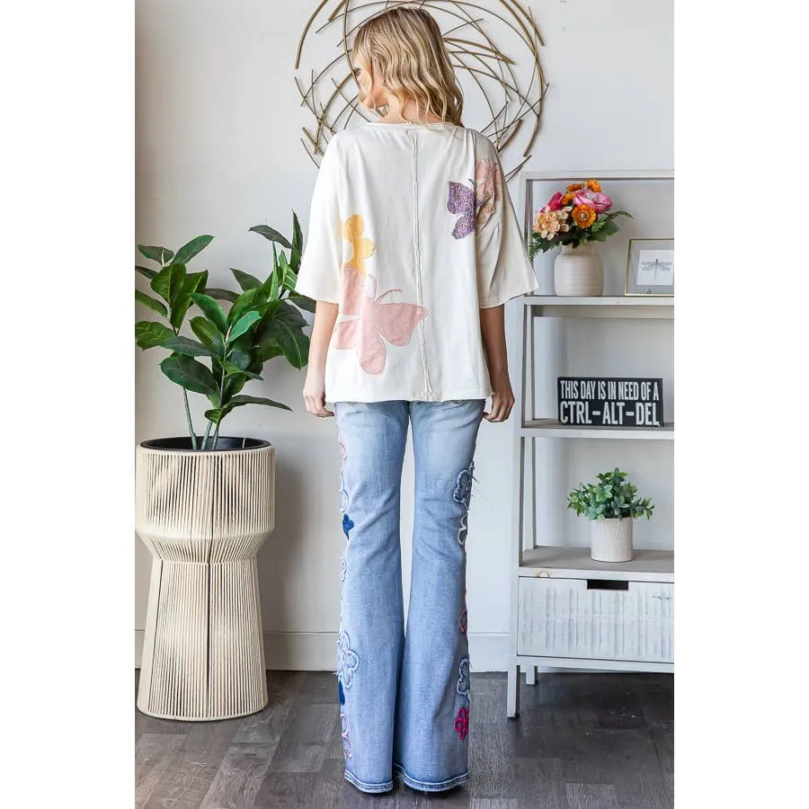 Cream Washed Flower Butterfly Patchwork Short Sleeve Oli Hali Top