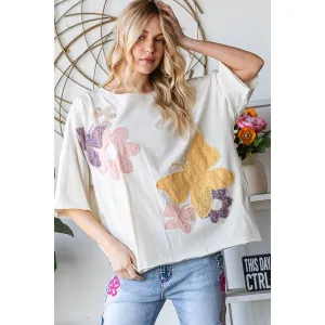Cream Washed Flower Butterfly Patchwork Short Sleeve Oli Hali Top