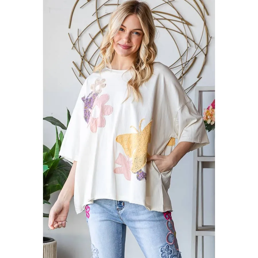 Cream Washed Flower Butterfly Patchwork Short Sleeve Oli Hali Top