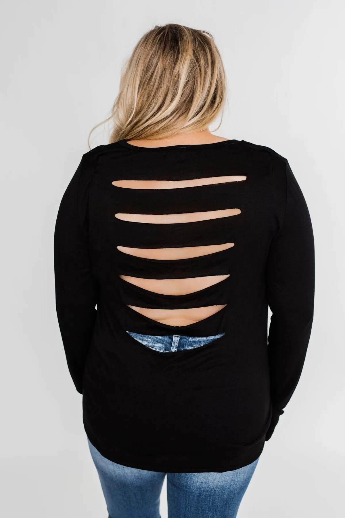 Cut Out Back Long Sleeve Top- Black