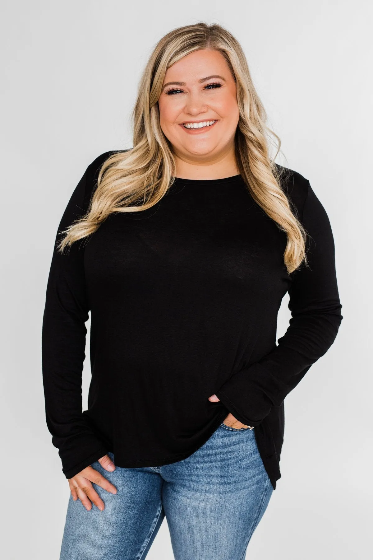 Cut Out Back Long Sleeve Top- Black
