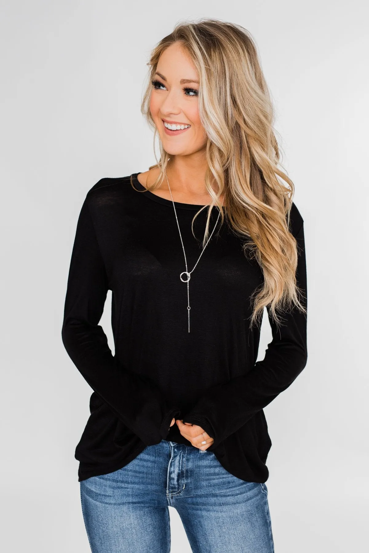 Cut Out Back Long Sleeve Top- Black