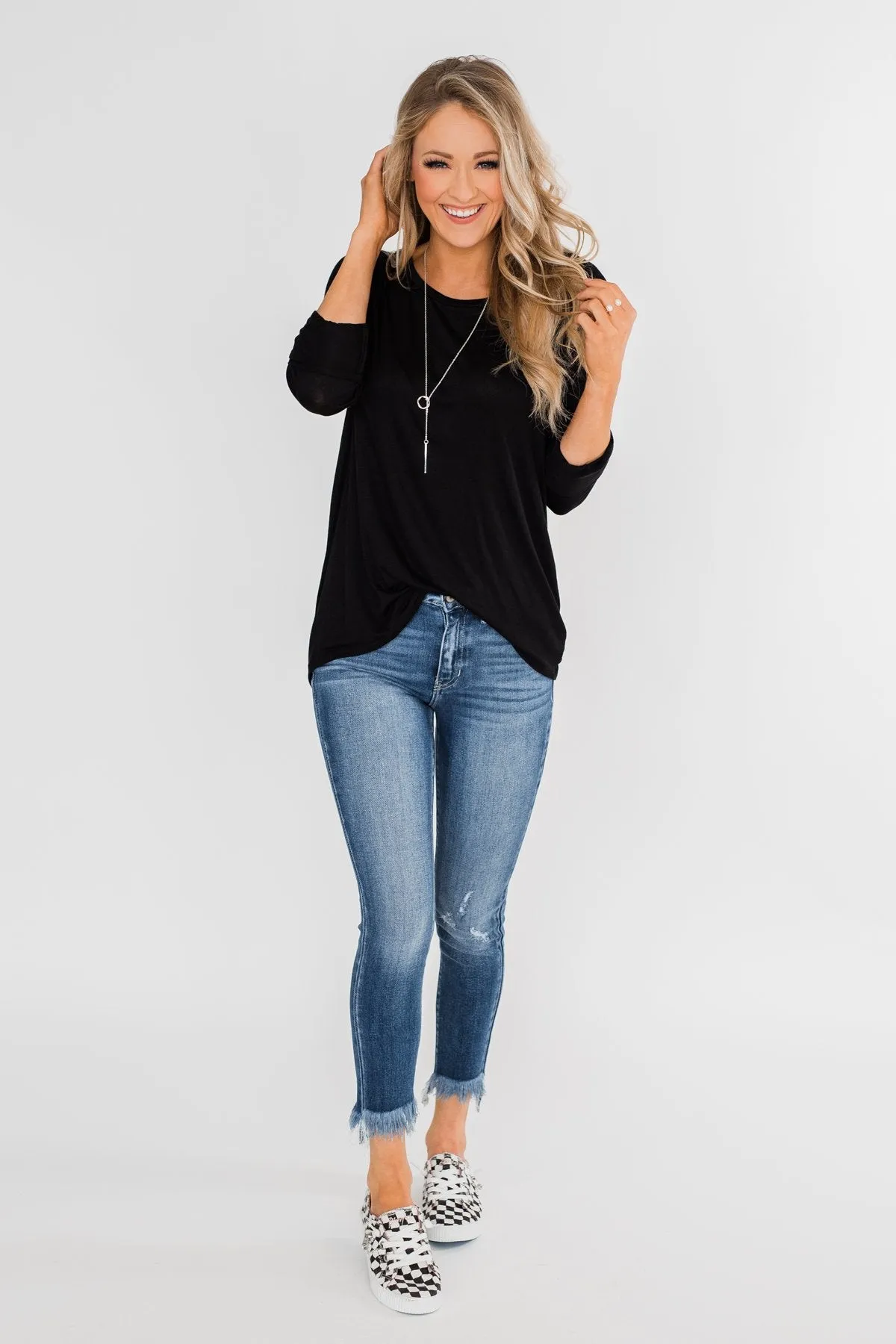 Cut Out Back Long Sleeve Top- Black