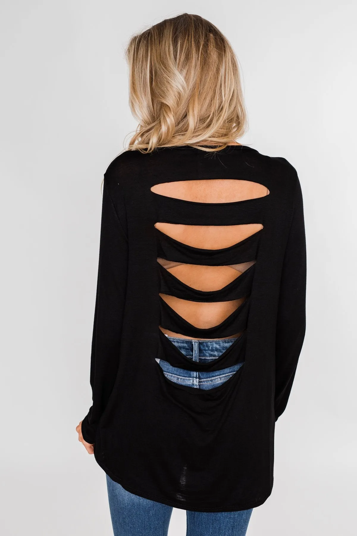 Cut Out Back Long Sleeve Top- Black