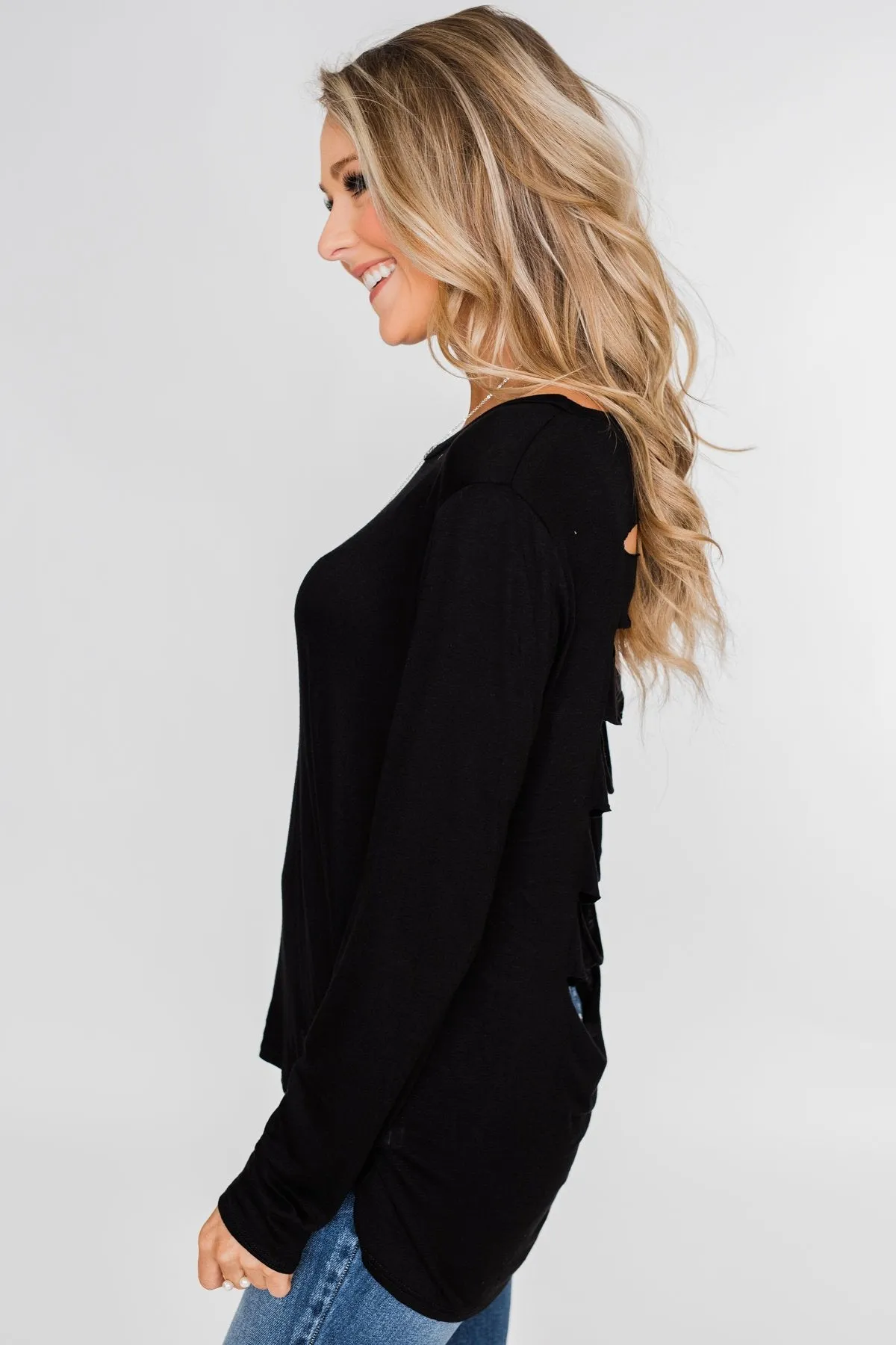 Cut Out Back Long Sleeve Top- Black
