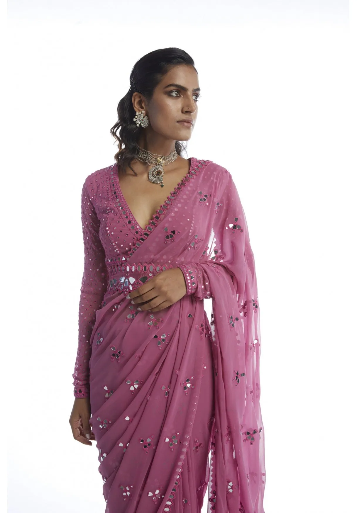 Dark Blush Mirror Cut-Work Saree