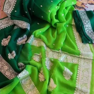 Dark-Light Green Buti Banarasi Khaddi Saree