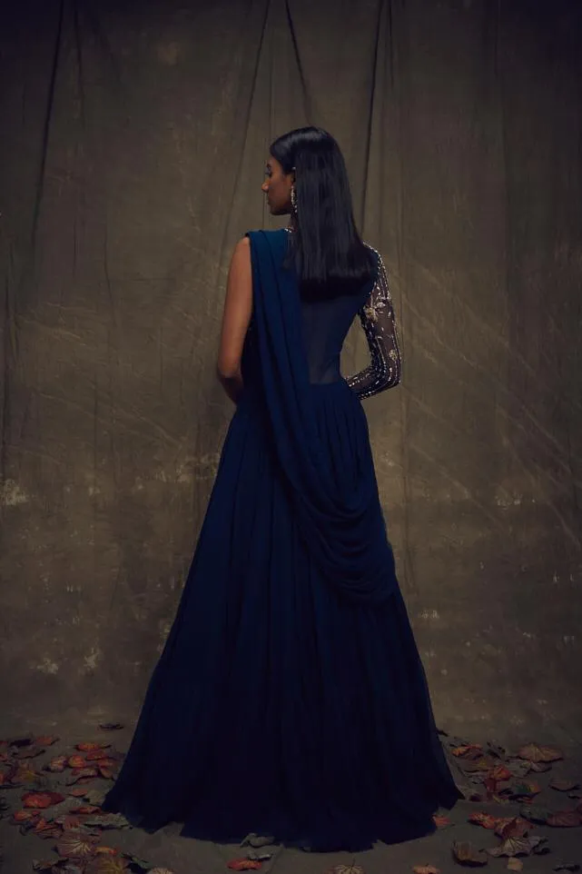 Dark Teal Blue Single Sleeve Embellished Gown