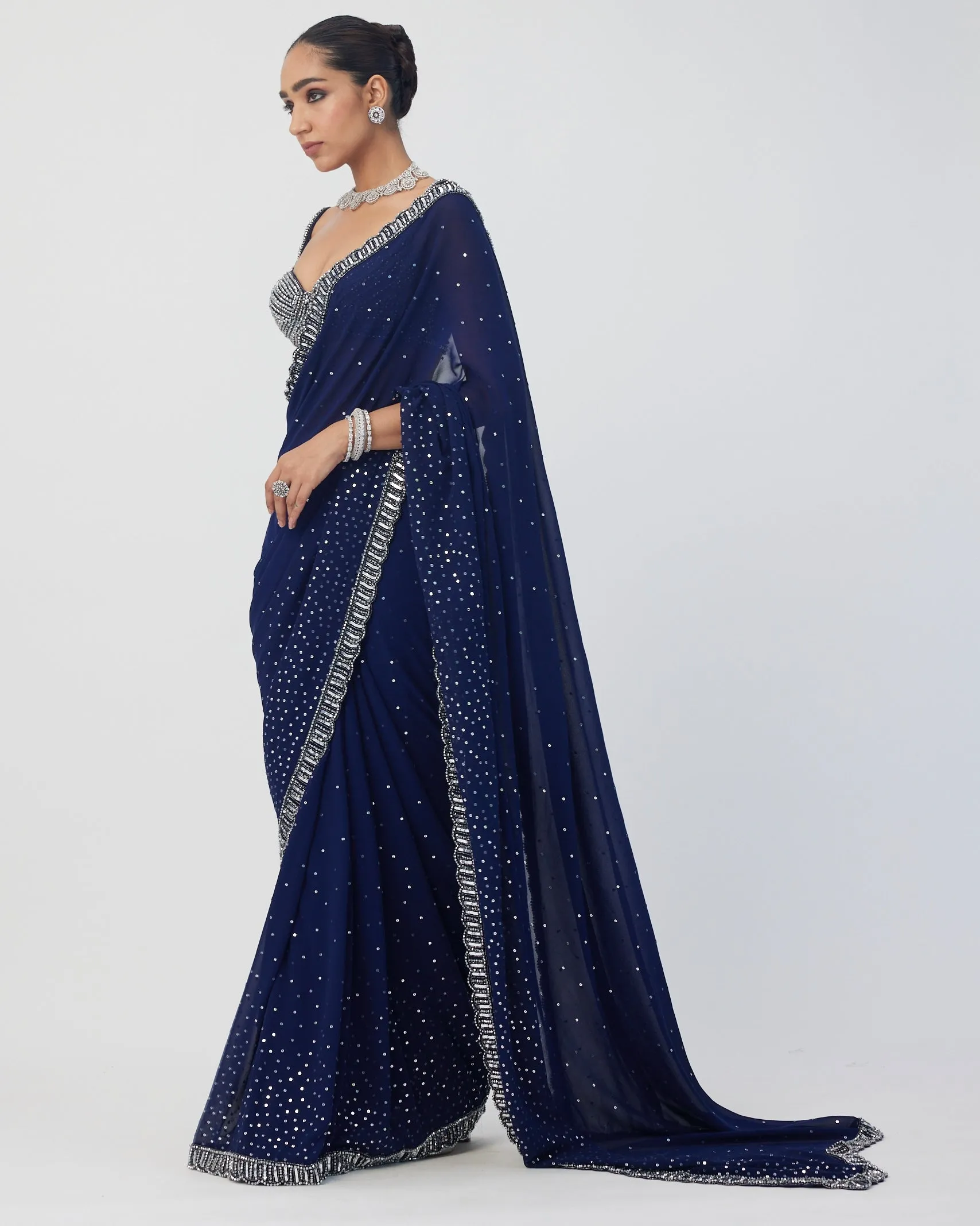 Deep Blue Sequins Scattered Sari Set