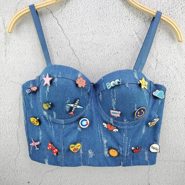 Denim Button Bustier Bra Cropped Top Vest