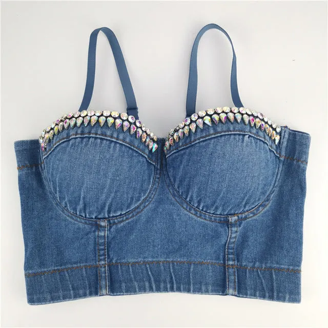 Denim Button Bustier Bra Cropped Top Vest