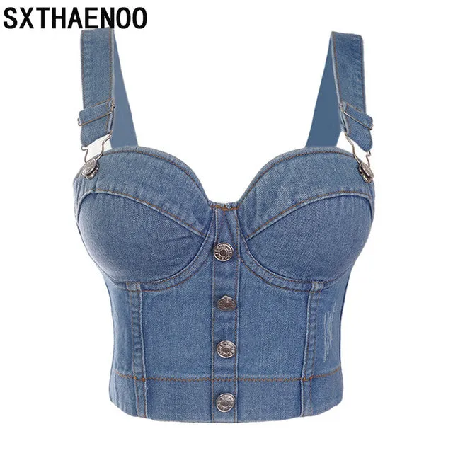 Denim Button Bustier Bra Cropped Top Vest