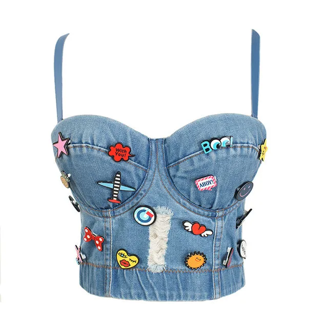 Denim Button Bustier Bra Cropped Top Vest