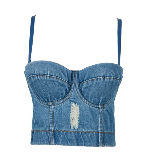 Denim Button Bustier Bra Cropped Top Vest