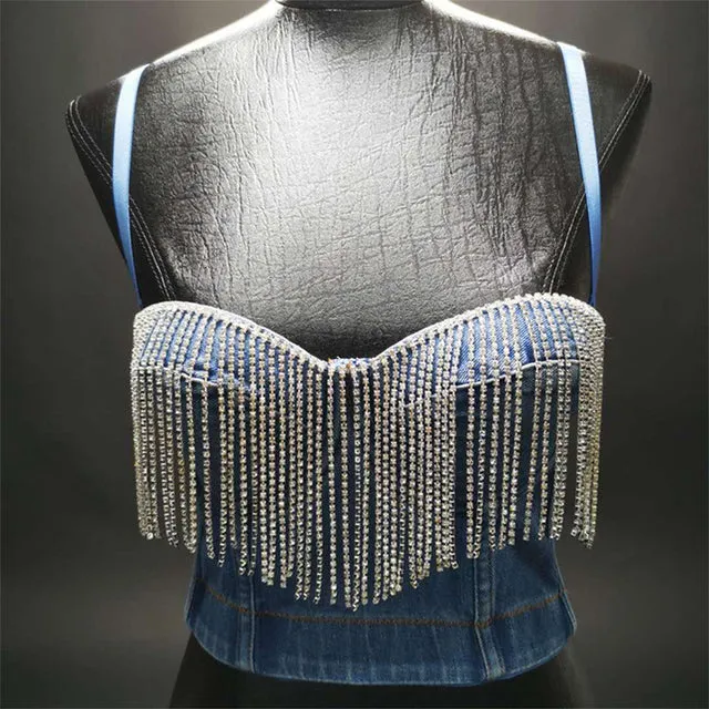 Denim Button Bustier Bra Cropped Top Vest