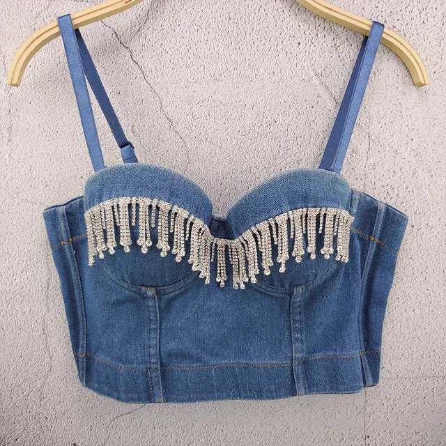 Denim Button Bustier Bra Cropped Top Vest