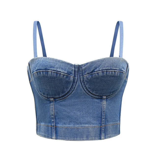 Denim Button Bustier Bra Cropped Top Vest