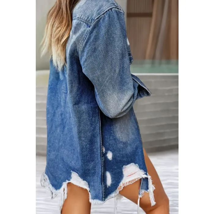 Distressed Frayed Long Denim Jacket