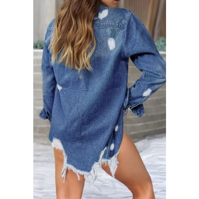 Distressed Frayed Long Denim Jacket