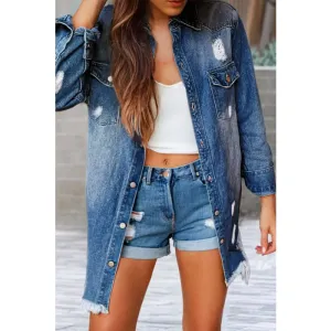 Distressed Frayed Long Denim Jacket