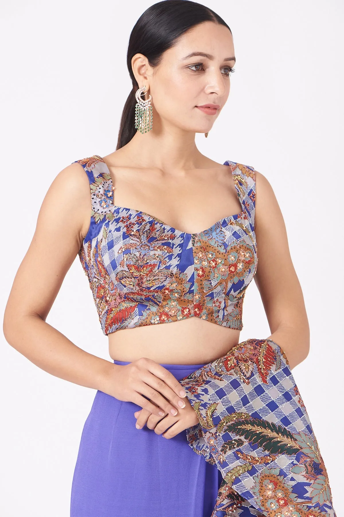 Dodger Blue Juna Satin Organza Printed And Embellished Ruffle Saree And Blouse.