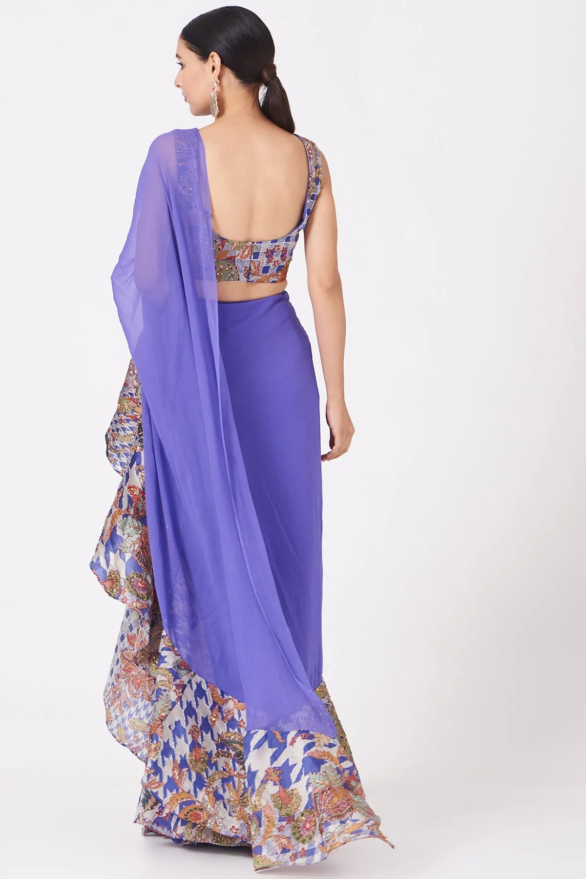 Dodger Blue Juna Satin Organza Printed And Embellished Ruffle Saree And Blouse.
