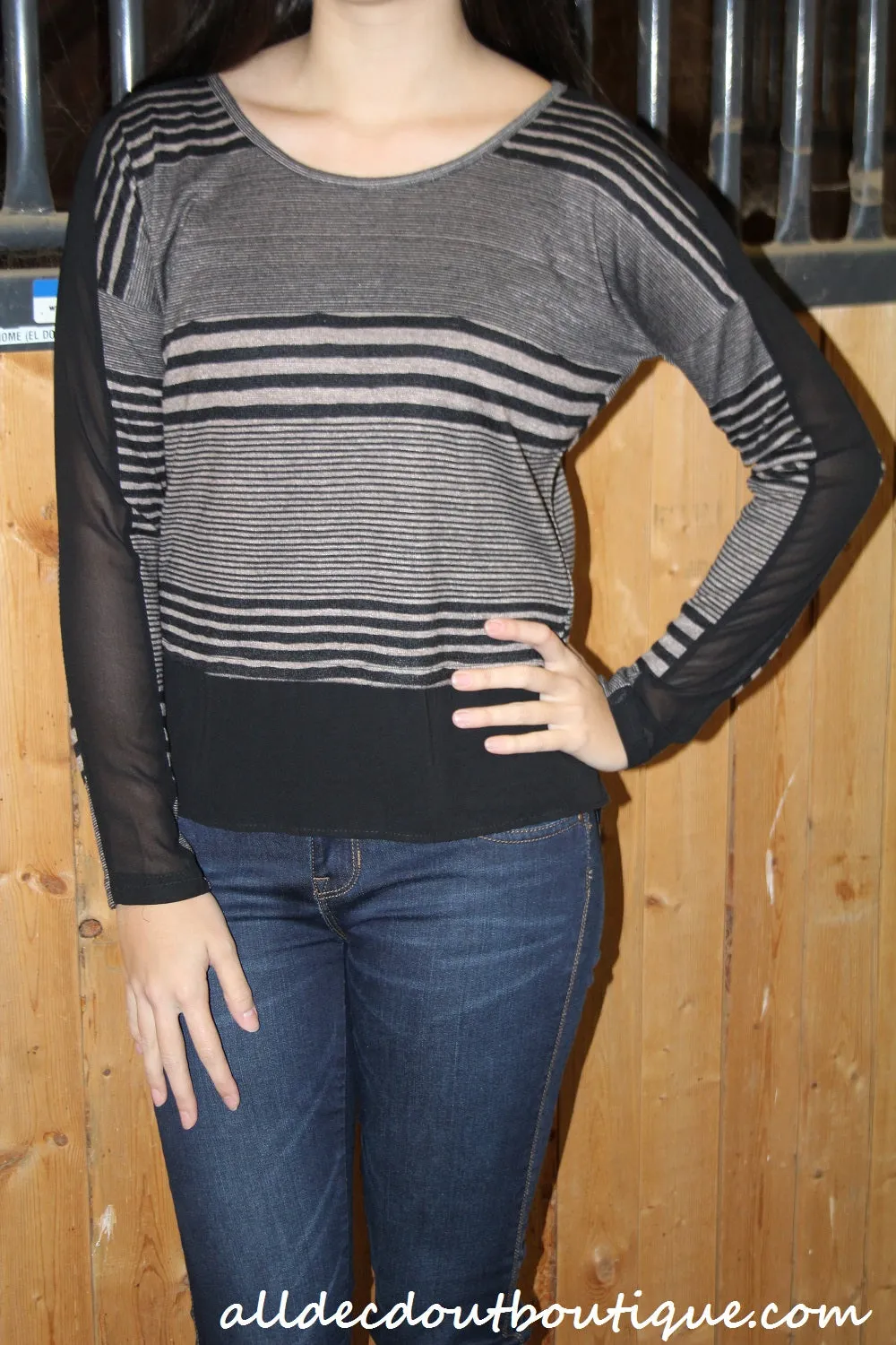 Double Zero | Striped Top with Sheer Trim Black