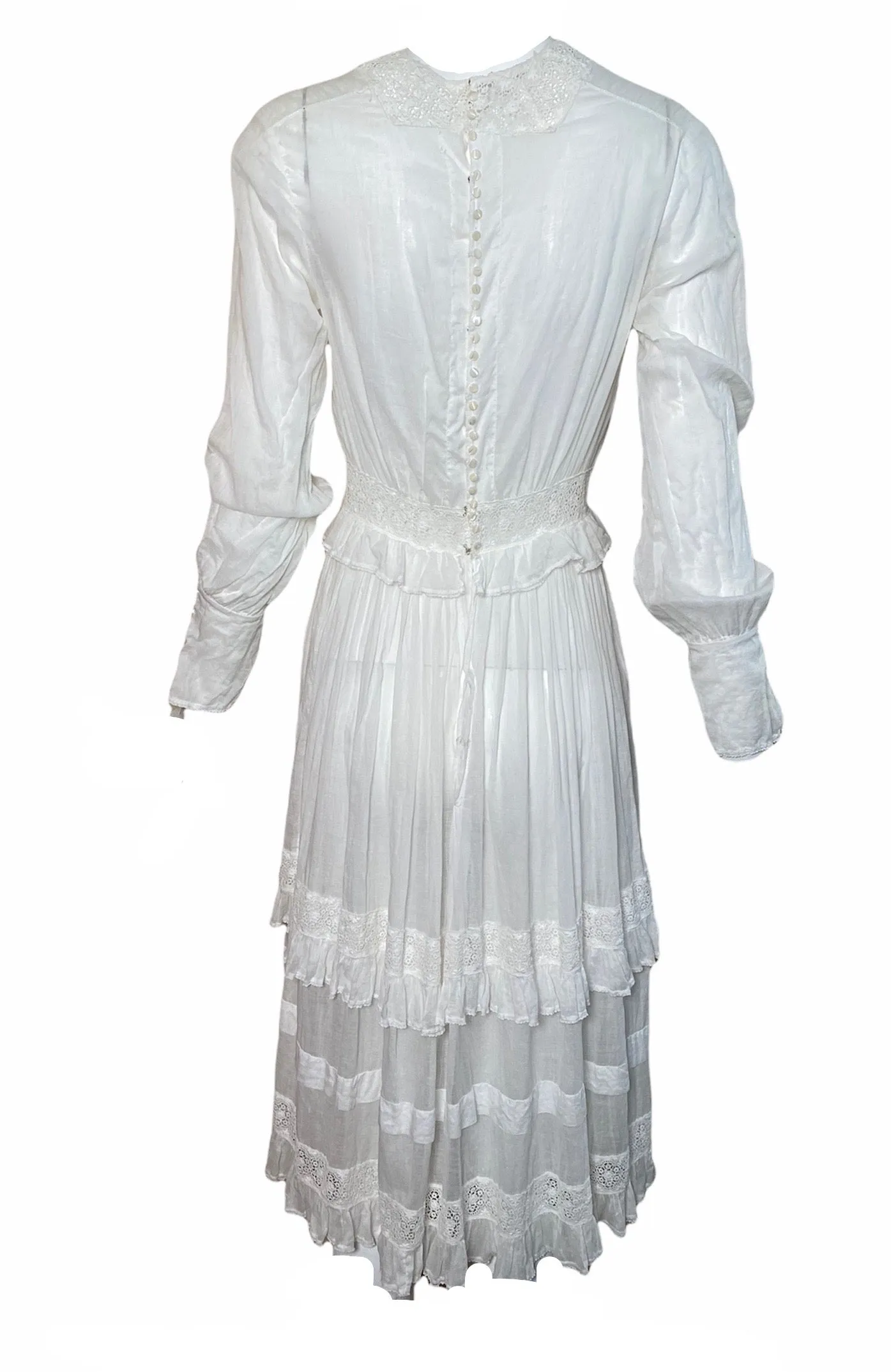Edwardian/Early 20s White Lawn  Dress with Ruffle  and Lace Insert Detail
