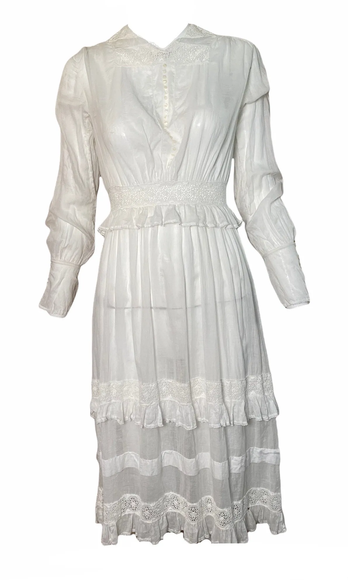Edwardian/Early 20s White Lawn  Dress with Ruffle  and Lace Insert Detail