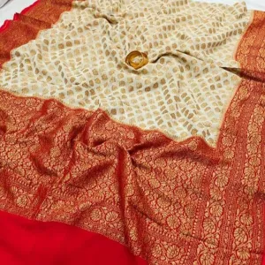 Elegant Cream-Red Banarasi Jaal Saree Occasion Wear