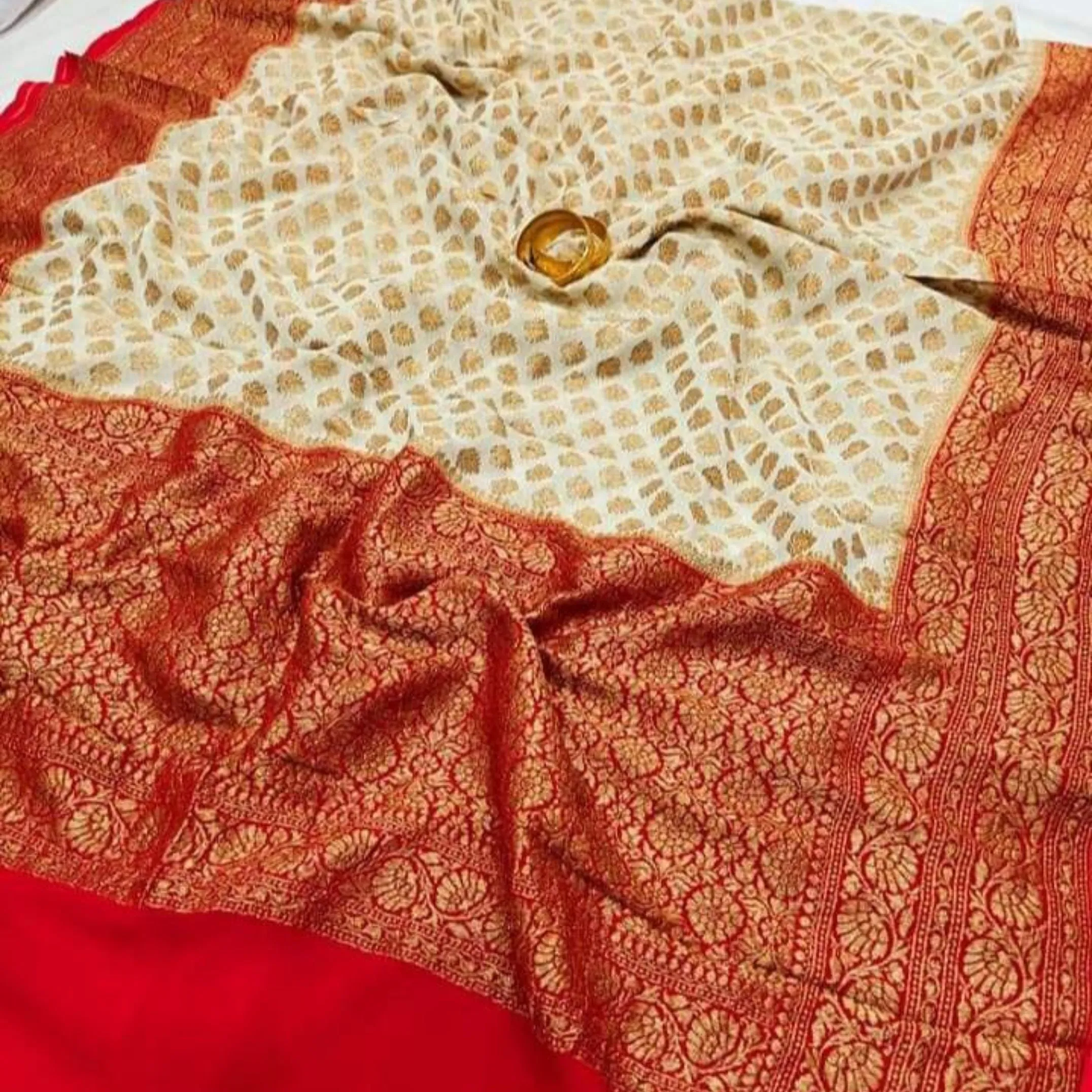 Elegant Cream-Red Banarasi Jaal Saree Occasion Wear