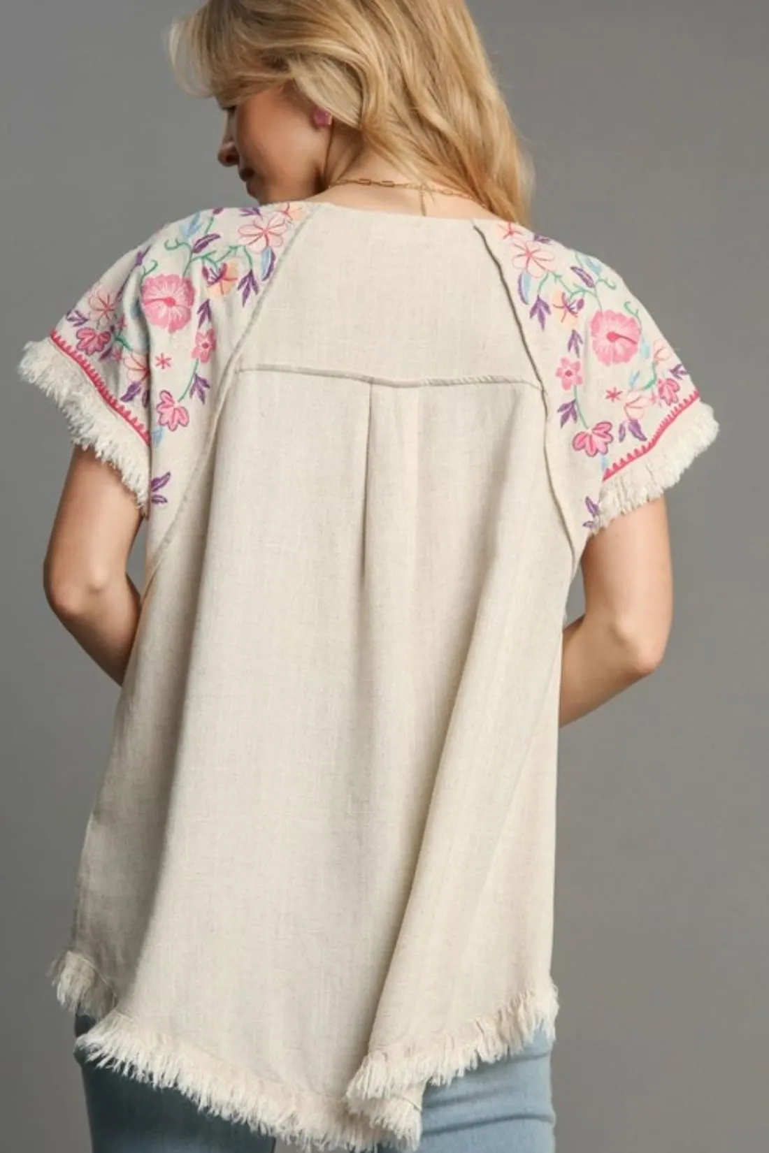 Embroidered Detail Linen Blend Top