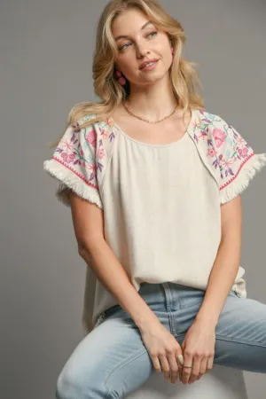 Embroidered Detail Linen Blend Top