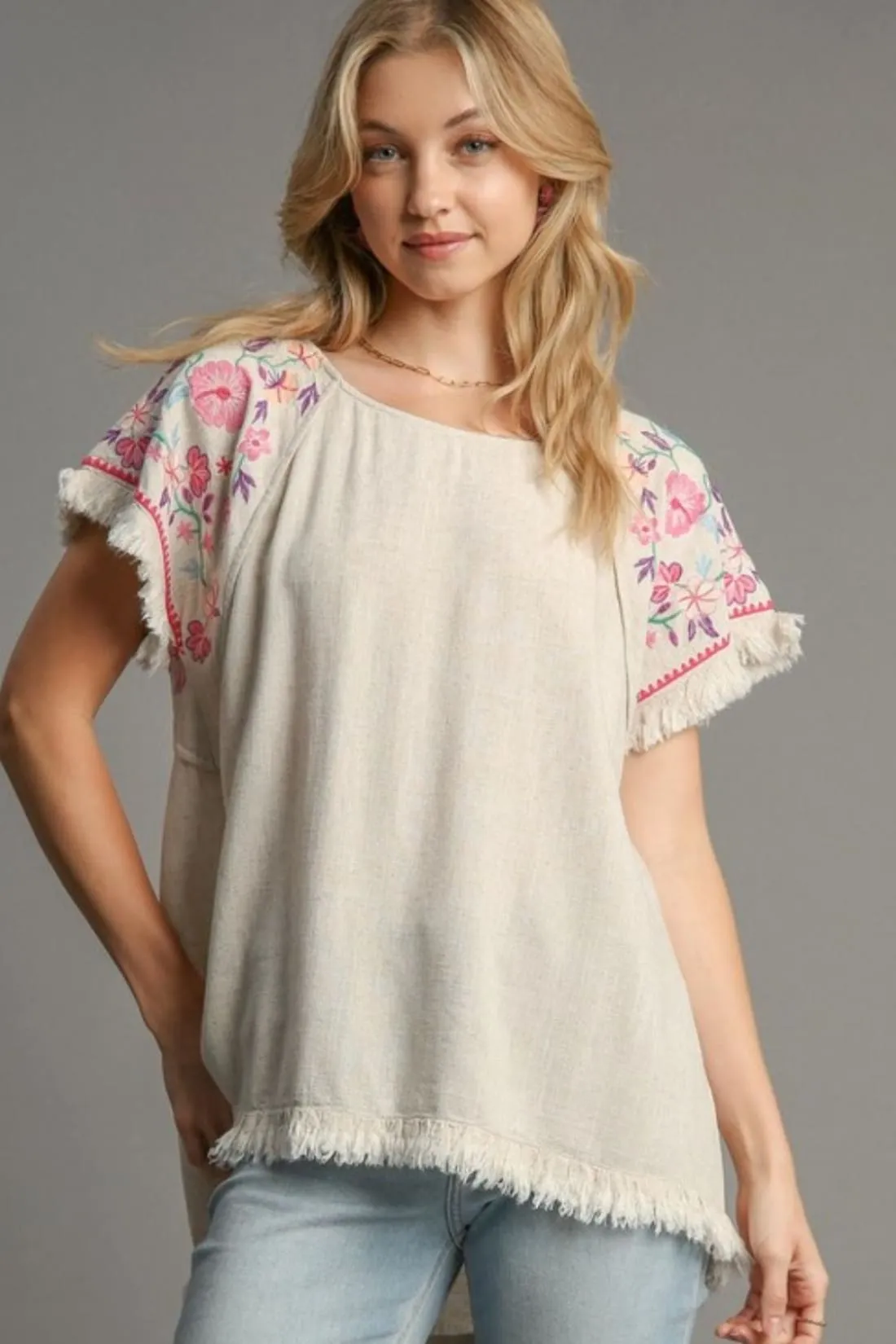 Embroidered Detail Linen Blend Top
