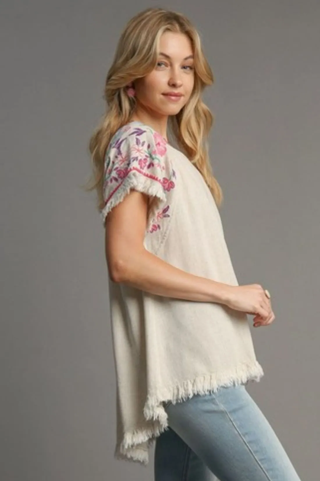 Embroidered Detail Linen Blend Top
