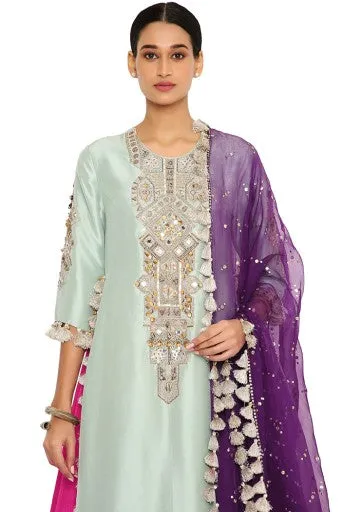 Eshma Powder Blue Colour Silk Embroidered Kurta With Pink Lehenga And Purple Organza Dupatta
