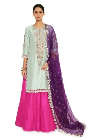 Eshma Powder Blue Colour Silk Embroidered Kurta With Pink Lehenga And Purple Organza Dupatta