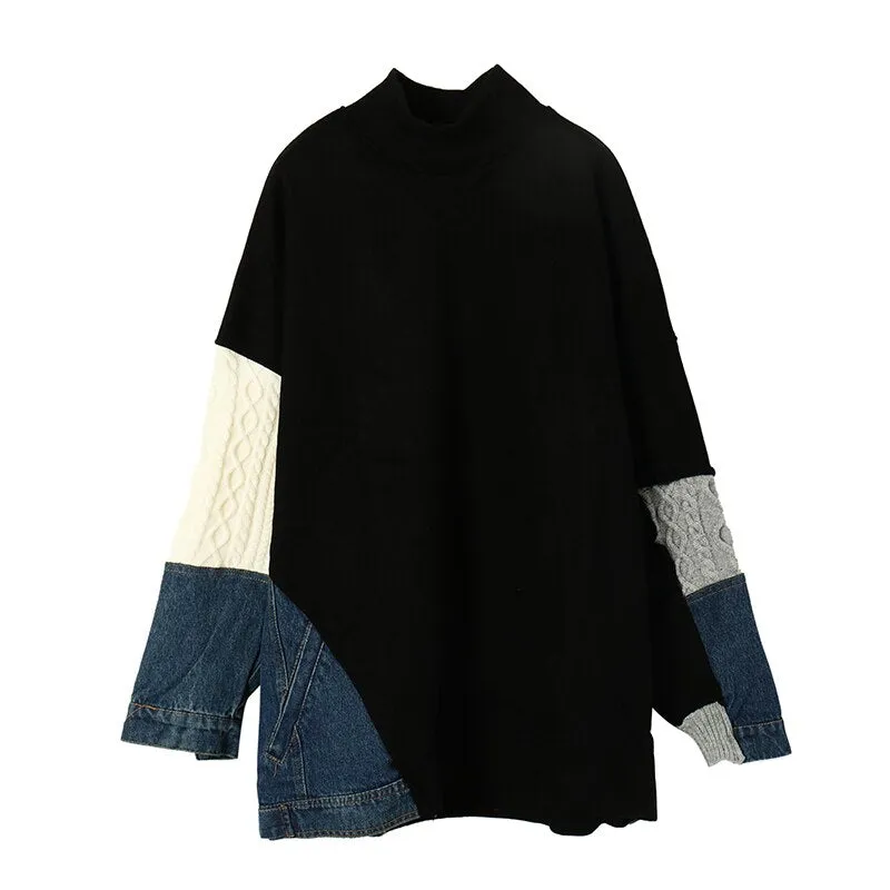 Female Casual Patchwork Knit Denim Sweatshirts Tops