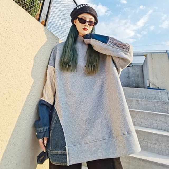 Female Casual Patchwork Knit Denim Sweatshirts Tops