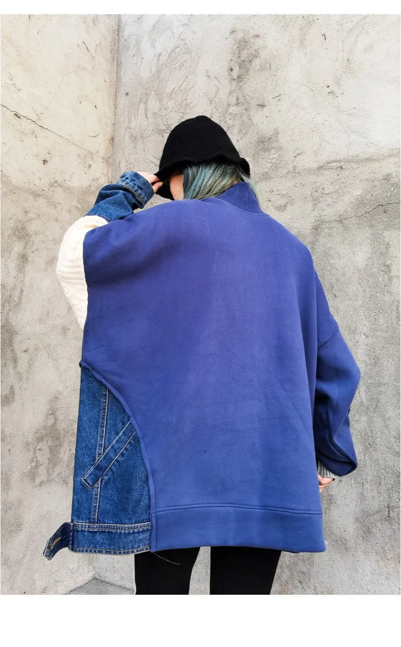 Female Casual Patchwork Knit Denim Sweatshirts Tops