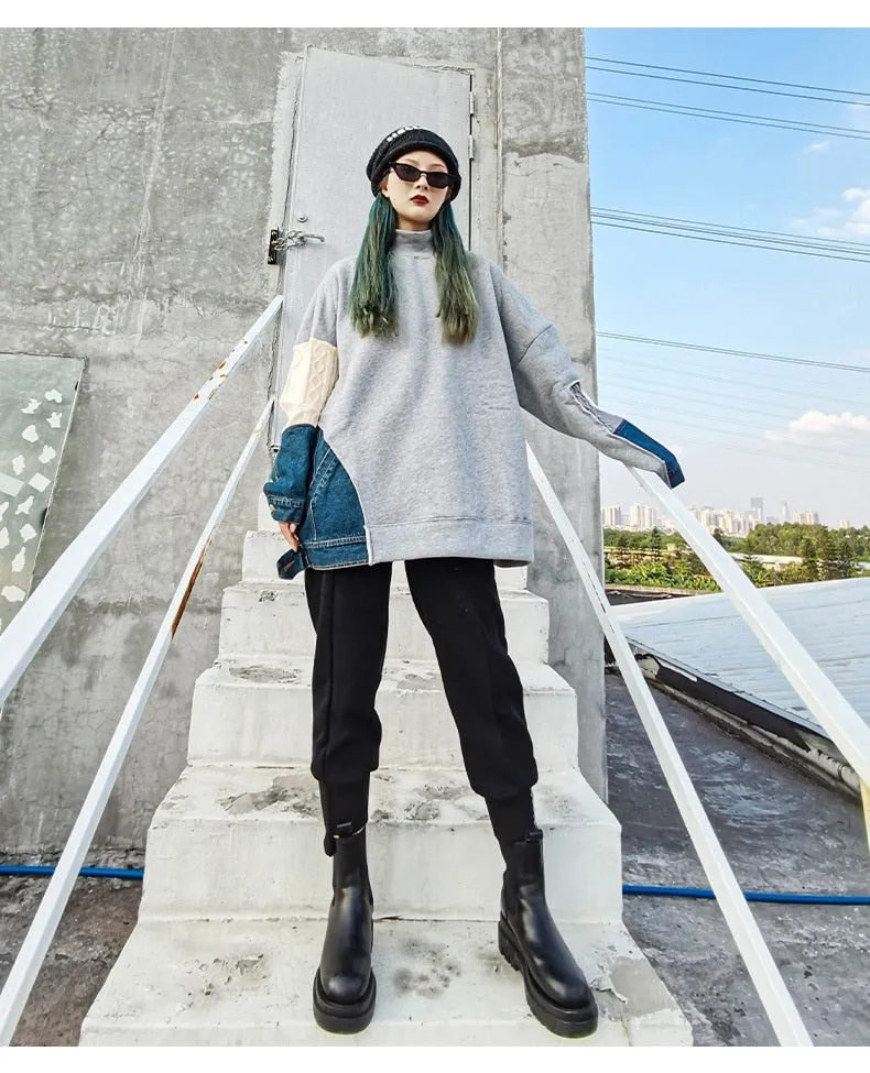 Female Casual Patchwork Knit Denim Sweatshirts Tops