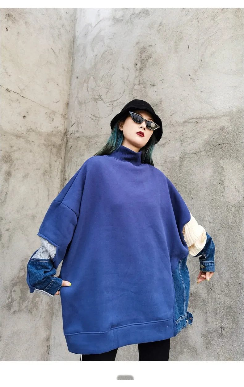 Female Casual Patchwork Knit Denim Sweatshirts Tops