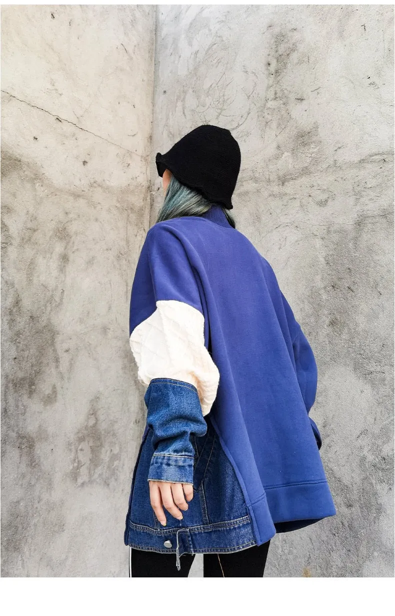 Female Casual Patchwork Knit Denim Sweatshirts Tops