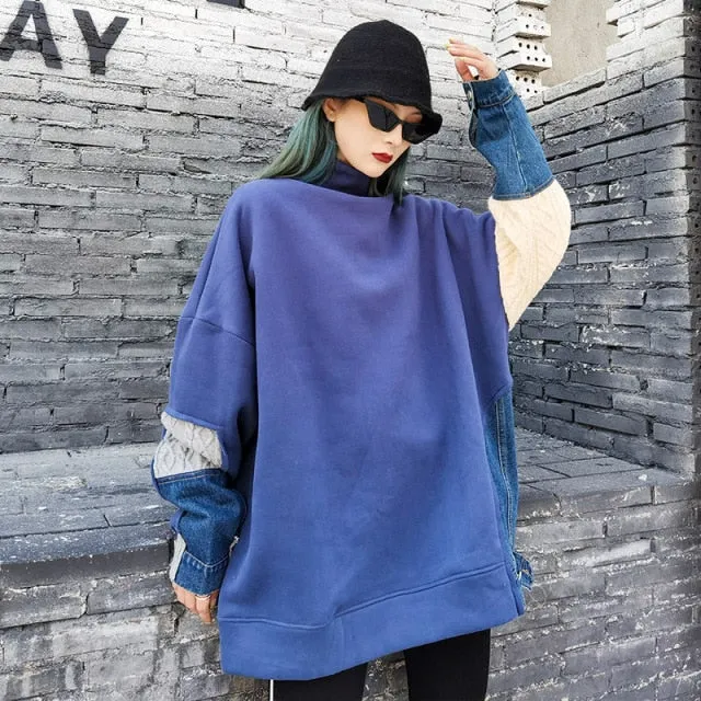 Female Casual Patchwork Knit Denim Sweatshirts Tops