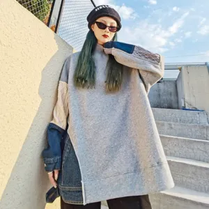 Female Casual Patchwork Knit Denim Sweatshirts Tops