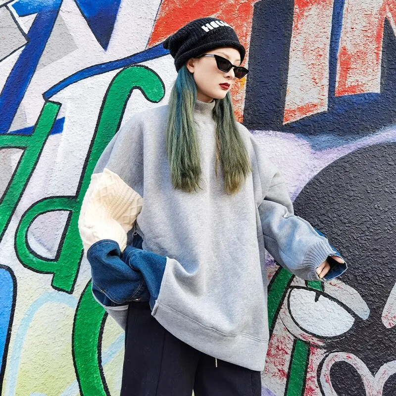 Female Casual Patchwork Knit Denim Sweatshirts Tops